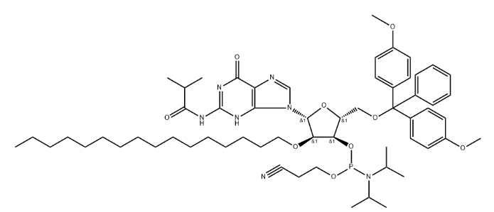 structure of DMTr-2'-O-C16-rG(iBu)-3'-CE-Phosphoramidite CAS 2382942-32-5