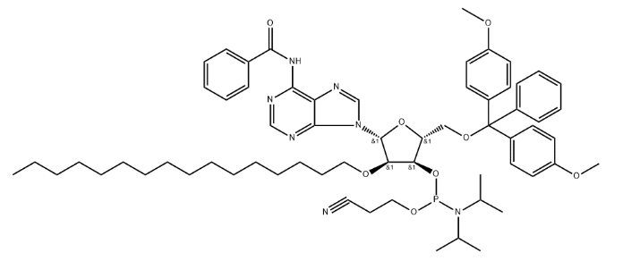 structure of N6-Bz-5’-O-DMTr-2’-O-hexadecanyl adenosine 3’-CED phosphoramidite CAS 2382942-35-8